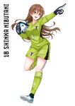  1girl :d ball black_gloves blush brown_eyes brown_hair chuunibyou_demo_koi_ga_shitai! commission full_body gloves goalkeeper green_shorts green_socks hair_ornament hairclip highres holding holding_ball kneehighs long_hair nibutani_shinka open_mouth pointing rynn_(darknescorez) second-party_source shoes shorts simple_background smile sneakers soccer_ball socks solo two-tone_gloves white_background white_footwear white_gloves 