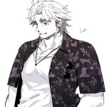  1boy alternate_costume bara beard_stubble character_name commentary facial_hair floral_print forked_eyebrows hagiography hatching_(texture) hawaiian_shirt hibiscus_print highres jewelry large_pectorals linear_hatching loki_(housamo) long_sideburns looking_to_the_side male_focus mature_male medium_hair monochrome multicolored_hair muscular muscular_male necklace open_mouth pectorals red_eyes ribbon_bangs shirt shirt_under_shirt short_sleeves sideburns simple_background smile solo spot_color stubble sunglasses thick_eyebrows tokyo_afterschool_summoners two-tone_hair upper_body white_background 