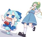  2girls :d absurdres ascot black_footwear black_hair blue_dress blue_shirt blue_skirt blush bow bowtie cirno closed_eyes daiyousei dress facing_away foot_up full_body fumo_(doll) green_hair hair_bow hands_up highres kame_(kamepan44231) layered_shirt long_bangs multiple_girls one-hour_drawing_challenge open_mouth pinafore_dress raised_eyebrows red_bow red_bowtie shirt shoes short_sleeves side_ponytail sidelocks skirt sleeveless sleeveless_dress smile socks touhou v-shaped_eyebrows walking white_shirt white_socks wings wrinkled_skin yellow_ascot yellow_bow 