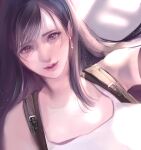  1girl absurdres bare_shoulders black_gloves black_hair closed_mouth commentary earrings elbow_gloves eyelashes final_fantasy final_fantasy_vii gloves hair_behind_ear highres jewelry lips long_hair looking_at_viewer red_eyes shoji_sakura single_earring solo suspenders swept_bangs tank_top teardrop_earring tifa_lockhart upper_body white_tank_top 