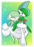  1boy 1girl arms_at_sides artist_name blue_hair blush bob_cut border closed_mouth colored_skin commentary_request drop_shadow full_body gallade gardevoir gradient_background green_background green_hair green_skin hair_between_eyes hair_over_one_eye hands_up happy highres legs light_blush looking_at_another looking_to_the_side meru_(mer_milky77) mohawk multicolored_hair multicolored_skin one_eye_closed one_eye_covered outside_border own_hands_together partial_commentary pokemon pokemon_(creature) red_eyes short_hair signature smile sparkle standing twitter_username two-tone_hair two-tone_skin white_border white_skin 