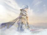  1boy armor cape cloud cloudy_sky cofffee cowboy_shot facing_to_the_side final_fantasy final_fantasy_xii gauntlets gold_trim grey_eyes grey_hair holding holding_sword holding_weapon light_smile looking_at_viewer male_focus plate_armor rasler_heios_nabradia short_hair shoulder_armor sky solo sword weapon white_cape 