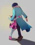  1boy 1girl black_socks blue_coat blue_hair bow brown_footwear coat commentary_request dark_blue_hair e.g.o_(project_moon) employee_(lobotomy_corporation) footwear_bow full_body gradient_background height_difference hug layered_skirt lobotomy_corporation long_sleeves medu_(rubish) pants pink_bow pink_footwear pink_skirt pink_vest pleated_skirt project_moon purple_pants red_hair shadow shirt shoes short_twintails skirt socks thighhighs twintails vest white_shirt white_thighhighs wings 