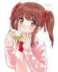  1girl :t amezawa_koma blush bow bowtie brown_eyes brown_hair eating flying_sweatdrops food food_on_face hair_ribbon idolmaster idolmaster_cinderella_girls long_sleeves looking_at_viewer ogata_chieri pink_sweater red_bow red_bowtie red_ribbon ribbon sandwich sidelocks simple_background solo sweatdrop sweater twintails upper_body white_background 