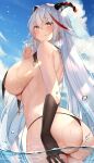  1girl :q absurdres aegir_(azur_lane) ass ass_grab azur_lane bikini black_bikini blush breast_curtains breasts cloud commentary_request covered_nipples cross cross_earrings earrings grabbing_own_ass highres horns huge_ass huge_breasts jewelry long_hair looking_at_viewer multicolored_hair outdoors panties partially_underwater_shot red_hair sagging_breasts sky solo streaked_hair string_panties swimsuit thong thong_bikini tongue tongue_out u_ronnta underwear very_long_hair wading water white_hair yellow_eyes 