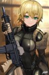  1girl :3 battle_rifle blonde_hair bodysuit breasts commission frogs_(metal_gear) green_eyes gun highres holding holding_gun holding_weapon looking_at_viewer medium_breasts metal_gear_(series) metal_gear_solid original rifle short_hair signature sitting skeb_commission smile solo sunao_(70_the) weapon 