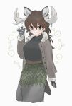  1girl alternate_costume animal_ears antlers belt black_gloves black_sweater brown_belt brown_eyes brown_hair brown_jacket casual earrings fur_trim gloves green_skirt grey_skirt hair_between_eyes highres jacket jewelry kemono_friends long_hair long_skirt long_sleeves looking_at_viewer moose_(kemono_friends) moose_ears moose_girl moose_tail open_clothes open_jacket shimazoenohibi sidelocks skirt solo sweater tail turtleneck turtleneck_sweater two-tone_skirt white_fur winter_clothes 