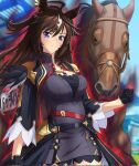  1girl ahoge animal_ears aura blue_eyes blurry blurry_background breasts cheesecake_(artist) cleavage clenched_hand closed_mouth cloud commentary_request creature_and_personification duramente_(umamusume) gloves hair_ornament highres horse horse_ears horse_girl horse_tail long_hair looking_at_viewer medium_breasts solo staring tail umamusume uniform 