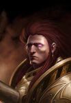  1boy alvarojh armor colored_skin commentary crying earrings english_commentary fake_horns glowing glowing_eye gold_armor horns jewelry long_hair magnus_the_red one-eyed pauldrons pink_eyes power_armor primarch red_hair red_skin shoulder_armor single_tear solo tears warhammer_40k 