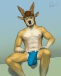 2023 5_fingers abs anthro antlers blue_clothing blue_jockstrap blue_underwear bulge clothed clothing deer fingernails fingers fur gradient_background hair hi_res horn jegermaistro jockstrap jockstrap_only looking_at_viewer male mammal multicolored_jockstrap muscular nails navel nipples pecs pink_nipples rov signature simple_background solo topless underwear underwear_only 