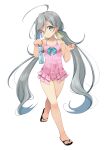  1girl absurdres ahoge bottle breasts grey_eyes grey_hair hair_between_eyes hair_bun highres kantai_collection kiyoshimo_(kancolle) legs long_hair low_twintails one-piece_swimsuit pink_one-piece_swimsuit ramune sandals simple_background single_hair_bun small_breasts smile solo striped striped_one-piece_swimsuit swimsuit swimsuit_skirt toenails toes twintails very_long_hair white_background yashin_(yasinz) 