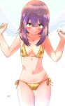  1girl bikini breasts brown_hair gold_bikini green_eyes highres jagi_(jagi_souken) long_hair looking_at_viewer medium_breasts nail_polish side-tie_bikini_bottom solo swimsuit toki_ayano yurucamp 