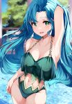  1girl absurdres alternate_costume arm_up armpits bare_shoulders blue_hair breasts chloe_(fire_emblem) clothing_cutout earrings fire_emblem fire_emblem_engage green_eyes highres jewelry large_breasts long_hair looking_at_viewer midriff navel risumi_(taka-fallcherryblossom) solo swimsuit water water_drop 
