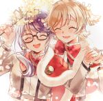  2girls :d ^_^ arm_up bell black-framed_eyewear blonde_hair blush bow bowtie closed_eyes collared_shirt daiba_nana facing_viewer fingernails flower fur-trimmed_jacket fur_trim glasses gradient_background grey_background grey_jacket grey_skirt hair_bell hair_ornament hair_over_shoulder hair_ribbon hand_up heads_together high-waist_skirt highres holding holding_flower holding_hands hoshimi_junna jacket jacket_on_shoulders jingle_bell light_particles long_hair long_sleeves low_ponytail lower_teeth_only multiple_girls nijiko_(c2cs4q) open_clothes open_jacket open_mouth purple_hair red_bow red_bowtie red_jacket ribbon school_uniform seishou_music_academy_uniform shirt shirt_tucked_in short_hair short_twintails shoujo_kageki_revue_starlight side-by-side side_ponytail simple_background skirt smile standing swept_bangs teeth twintails upper_body upper_teeth_only white_background white_shirt yellow_flower yellow_ribbon yuri 