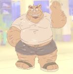  2023 anthro belly big_belly brown_body clothing eyes_closed footwear hi_res humanoid_hands kemono male mammal overweight overweight_male sandals shirt solo suid suina suishou0602 sus_(pig) topwear wild_boar 