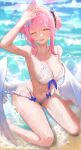  1girl absurdres angel_wings bare_arms bare_shoulders bikini blue_archive blue_bow blurry blush bow breasts cherrymaru cleavage double_bun feathered_wings flower frilled_bikini frills hair_bun hair_flower hair_ornament hair_scrunchie halo highres large_breasts legs looking_at_viewer low_wings mika_(blue_archive) multi-strapped_bikini navel one_eye_closed open_mouth pink_hair pink_halo purple_flower sand scrunchie sitting smile solo stomach swimsuit thighs wariza water white_bikini white_wings wings yellow_eyes 
