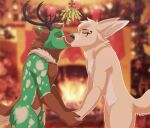  anthro antlers blurred_background blush brown_body brown_fur canid canine canis christmas christmas_decorations christmas_lights christmas_ornament christmas_present christmas_stocking christmas_tree deer detailed detailed_background digital_media_(artwork) duo esofaoul_(character) eyes_closed fennec fireplace fox fur gift green_body green_fur hair hand_holding hi_res holidays horn hybrid kissing lawkie lips male male/male mammal mistletoe nude plant tail tree white_body white_fur wolf 