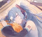  1girl blue_eyes blue_hair detached_sleeves flower hair_ornament hatsune_miku highres lying number_tattoo on_side solo tattoo twintails vocaloid white_flower yi_ren_fen_mu 