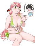  2girls akashi_(kancolle) belly bikini_pull black_hair blue_eyes blunt_tresses breasts chibi cleavage clothes_pull commentary gradient_bikini green_eyes hair_ribbon highres kantai_collection large_breasts multiple_girls navel official_alternate_costume ojipon ooyodo_(kancolle) pink_hair plump ribbon rimless_eyewear simple_background sweat translated tress_ribbon white_background x_navel 