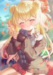  1girl :3 :t autumn_leaves bench blonde_hair blurry blurry_background blush brown_cardigan cardigan closed_eyes commentary_request double_bun fingernails food food_on_face food_request frilled_shirt_collar frills gradient_hair hair_bun highres hiyorou holding holding_food hololive leaf long_hair long_sleeves maple_leaf miniskirt momosuzu_nene momosuzu_nene_(2nd_costume) multicolored_hair neckerchief official_alternate_costume outdoors park_bench pink_hair plaid plaid_neckerchief plaid_skirt pleated_skirt red_neckerchief red_skirt self_borrowed_hairstyle shirt side_up_bun sitting sitting_on_bench skirt sleeves_past_wrists solo two_side_up virtual_youtuber white_shirt 