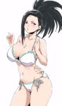  1girl bare_shoulders bikini black_eyes black_hair blush boku_no_hero_academia breasts collarbone frilled_bikini frills halterneck hands_up highres large_breasts long_hair looking_at_viewer navel ponytail relaxjon side-tie_bikini_bottom simple_background solo standing string_bikini swimsuit thighs white_background white_bikini yaoyorozu_momo 