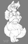  anthro black_and_white bottomwear breasts canid canine clothed clothing female firecat fox grey_background hair kitsune_youkai mammal monochrome simple_background skirt solo tail topwear 