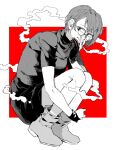  1girl boots cigarette funa2001 glasses highres holding holding_cigarette looking_at_viewer short_hair simple_background smile smoke smoking solo squatting turtleneck uguisu_anko white_background yofukashi_no_uta 