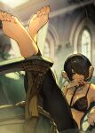  1girl au_ra avatar_(ff14) barefoot black_bra black_eyes black_hair blurry blurry_background bra breasts cigarette crossed_ankles dragon_horns dragon_tail feet feet_up final_fantasy final_fantasy_xiv foot_focus hair_over_one_eye hide_(hideout) highres holding holding_cigarette horns indoors legs medium_breasts scales short_hair sitting smoking soles solo tail toes underwear 