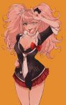  1girl arm_up bear_hair_ornament black_bra black_shirt blue_eyes bow bra breasts choker cleavage commentary_request cowboy_shot danganronpa_(series) enoshima_junko hair_ornament hand_on_own_hip highres long_hair looking_at_viewer loose_necktie nail_polish necktie pink_hair plaid plaid_skirt red_bow red_nails rumic_0620 school_uniform shirt simple_background skirt sleeves_rolled_up solo tongue tongue_out twintails underwear v white_necktie 
