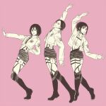  3girls arm_behind_head boots commentary_request greyscale jacket kaos_(kkkakao) knee_boots medium_hair mikasa_ackerman monochrome multiple_girls ponytail sasha_braus shingeki_no_kyojin training_corps_(emblem) ymir_(shingeki_no_kyojin) 