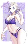  1girl absurdres blonde_hair blush bra breasts collarbone gradient_hair highres jean_bart_(kancolle) kantai_collection katou_shinobu large_breasts looking_at_viewer mole mole_under_eye multicolored_hair navel panties playing_with_own_hair purple_bra purple_eyes purple_hair purple_panties short_hair smile solo underwear underwear_only 