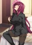  1girl alternate_costume black_coat black_footwear black_pantyhose boots breasts coat commentary_request fate/grand_order fate_(series) haruhisky highres indoors large_breasts long_hair long_sleeves looking_at_viewer on_bed panties panties_under_pantyhose pantyhose purple_hair red_eyes scathach_(fate) sitting solo thigh_boots thighband_pantyhose underwear 