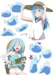  1other artist_name blue_hair hair_between_eyes hat highres long_hair multiple_views open_mouth rimuru_tempest shio_tnsr shirt shorts slime_(creature) smile straight_hair tensei_shitara_slime_datta_ken twintails yellow_eyes 