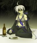 100_(hundredwell) 1girl ahoge arm_tattoo bare_shoulders beer_bottle belt black_bow black_pants black_sleeves bottle bottle_cap bottle_opener bow breasts cleavage collarbone crop_top cup detached_sleeves drinking_glass full_body grey_hair hair_between_eyes hair_bow headphones highres holding holding_cup korean_commentary long_hair long_sleeves low_ponytail medium_breasts microphone navel necktie open_mouth pants plate purple_belt purple_necktie red_eyes shadow shoes shot_glass single_vertical_stripe sitting solo tattoo very_long_hair vocaloid wariza white_footwear yowane_haku 