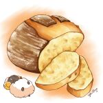  0_0 :&lt; animal artist_name bread closed_mouth commentary food food_focus loaf_of_bread lying no_humans on_back orange_background original sheep signature white_eyes yuki00yo 
