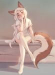  1girl animal_ear_fluff animal_ears artist_name bare_arms blue_eyes blush commentary crossed_legs elbow_rest english_commentary fox_ears fox_girl fox_tail freckles full_body head_tilt heterochromia highres long_hair looking_at_viewer losse_(personal_ami) orange_eyes original personal_ami shoes short_sleeves sitting smile solo tail thick_eyebrows thighhighs very_long_hair white_footwear white_hair white_thighhighs 