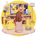  1boy 1girl ash_ketchum bag black_hair brown_hair crying from_behind highres jirachi lamp long_hair nintendo_switch pichu pikachu plant pokemon pokemon_(anime) pokemon_journeys psyduck shelf sitting skirt sprigatito stuffed_animal stuffed_toy table television tissue_box toki_(pokelun) 