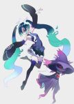  1girl aqua_hair bare_shoulders black_thighhighs commentary detached_sleeves floating ghost ghost_miku_(project_voltage) glitch gradient_hair grey_shirt hair_over_one_eye hatsune_miku highres long_hair lunar_(lunar_815) mismagius multicolored_hair necktie pale_skin pokemon pokemon_(creature) project_voltage see-through see-through_skirt shirt simple_background skirt thighhighs very_long_hair vocaloid will-o&#039;-the-wisp_(mythology) yellow_eyes 