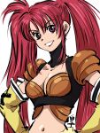  1girl breasts cleavage gloves highres lipstick long_hair looking_at_viewer makeup midriff nanaly_fletch navel purple_eyes red_hair shirako_(kirupi) simple_background smile solo tales_of_(series) tales_of_destiny_2 twintails white_background 