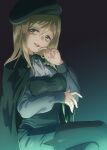  1girl ascot beret black_cape black_headwear black_pantyhose black_shirt black_skirt blonde_hair cape collared_shirt crossed_legs grey_ascot grey_shirt hair_between_eyes hat highres higurashi_no_naku_koro_ni long_hair looking_at_viewer murara open_mouth pantyhose pencil_skirt shirt sitting skirt solo takano_miyo two-tone_shirt yellow_eyes 