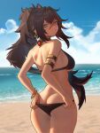  1girl absurdres adjusting_clothes adjusting_swimsuit armlet ass back beach bikini black_bikini black_hair blonde_hair blue_eyes blue_sky bracelet breasts cloud crossed_bangs dangle_earrings dark-skinned_female dark_skin dehya_(genshin_impact) distr earrings english_commentary from_behind genshin_impact hair_between_eyes hair_ears hair_intakes highres jewelry large_breasts multicolored_hair outdoors parted_lips ponytail single_earring sky smile solo streaked_hair swimsuit thighs vision_(genshin_impact) water yellow_pupils 