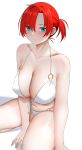  1girl absurdres arind_yudha bare_shoulders bikini boudica_(fate) breasts cleavage collarbone fate/grand_order fate_(series) green_eyes highres large_breasts looking_at_viewer navel o-ring red_hair short_hair short_ponytail sitting smile solo swimsuit thighs white_bikini 