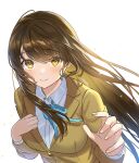  1girl aqua_ribbon backlighting blush brown_eyes brown_hair brown_jacket closed_mouth collared_shirt commentary_request dot_nose floating_hair hand_on_own_chest highres inkya_datta_ore_no_seishun_revenge:_tenshi_sugiru_ano_ko_to_ayumu_relife jacket long_hair long_sleeves looking_at_viewer neck_ribbon reaching reaching_towards_viewer ribbon shijouin_haruka shirt smile solo straight_hair tan_(tangent) upper_body very_long_hair white_background white_shirt 