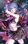  1girl absurdres arm_out_of_sleeve arm_tattoo arm_up artist_name bike_shorts black_bra black_coat black_skirt black_thighhighs blue_eyes blue_hair bra bracer breasts chinese_commentary coat collar commentary digital_stars digital_stars_miku digital_stars_miku_(2022) glint gohanduck hatsune_miku headphones highres holding holding_microphone_stand long_hair looking_at_viewer microphone microphone_stand midriff navel open_mouth ribbon skirt small_breasts solo spiked_collar spikes tattoo thighhighs twintails underwear vocaloid 