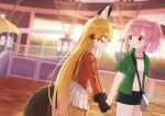  2girls animal_ears asama_fumi black_shorts blush bow bowtie brown_fur brown_gloves brown_hair ezo_red_fox_(kemono_friends) ferris_wheel fox_ears fox_girl fox_tail fur_trim gloves green_jacket hair_between_eyes highres holding_hands jacket kemono_friends long_hair long_sleeves multicolored_hair multiple_girls nana_(kemono_friends) open_clothes open_jacket orange_hair orange_jacket orange_pantyhose pantyhose pink_hair pleated_skirt short_hair short_shorts short_sleeves shorts side_ponytail sidelocks skirt tail white_bow white_bowtie white_shorts white_skirt 