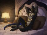  anthro bedroom_eyes dragon erection genitals hi_res knot male narrowed_eyes penis rogon rogon_usaryis seductive solo thirst_trap under_covers unknown_artist 