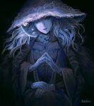  1girl artist_name blue_eyes blue_hair blue_skin breasts cape cloak closed_mouth colored_skin cracked_skin doll_joints dress elden_ring extra_arms extra_faces fur_cape fur_cloak hat head_tilt highres joints large_hat long_hair long_sleeves looking_at_viewer one_eye_closed own_hands_together ranni_the_witch rashuu sitting smile solo witch witch_hat 