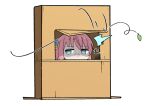  1girl ^^^ bocchi_the_rock! box cardboard_box chibi commentary cube_hair_ornament gotou_hitori hair_between_eyes hair_ornament hiding leaf looking_outside looking_to_the_side motion_lines ohihil pink_hair scared shaded_face simple_background solo sound_effects white_background 