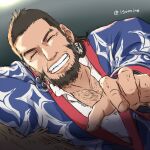  1boy ^_^ ainu ainu_clothes bara beard black_hair buzz_cut chest_hair_peek closed_eyes collared_shirt dark-skinned_male dark_skin earrings facial_hair golden_kamuy grin hay hoop_earrings isomine japanese_clothes jewelry kimono kiroranke lying male_focus mature_male on_side outstretched_arm pectoral_cleavage pectorals reaching reaching_towards_viewer shirt short_hair smile solo upper_body very_short_hair 