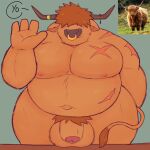  1:1 2023 anthro balls belly big_pecs bovid bovine casual_nudity cattle facial_piercing front_view genitals gesture hair hair_over_eyes hi_res highland_cattle horn male mammal nose_piercing nose_ring overweight overweight_anthro overweight_male pecs piercing portrait pubes reference_image ring_piercing roostermon scar solo thick_thighs three-quarter_portrait waving wide_hips 